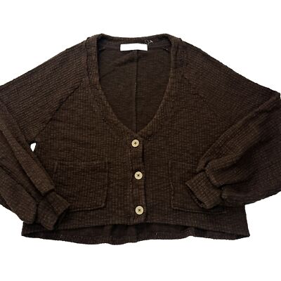 Free People Beach Oasis Button Down Cropped Cardigan Sweater Size S Brown