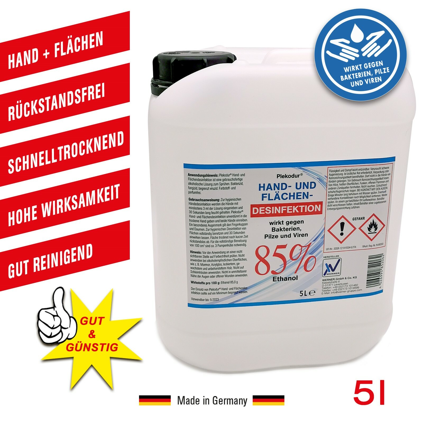 Plekodur® Hand- und Flächendesinfekion 85% Alkohol  5Liter Desinfektionsmittel