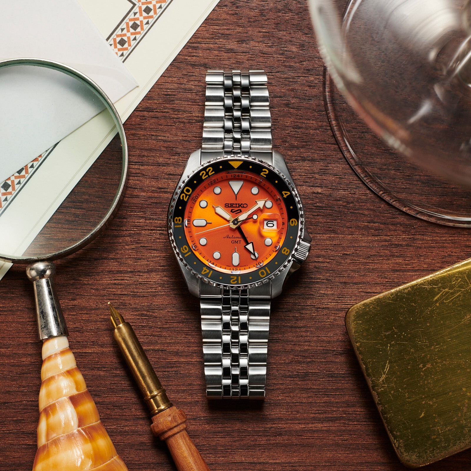 Pre-owned Seiko 5 Sports Skx Sports Style Gmt Series 42.5mm Men's Watch - Orange Dial