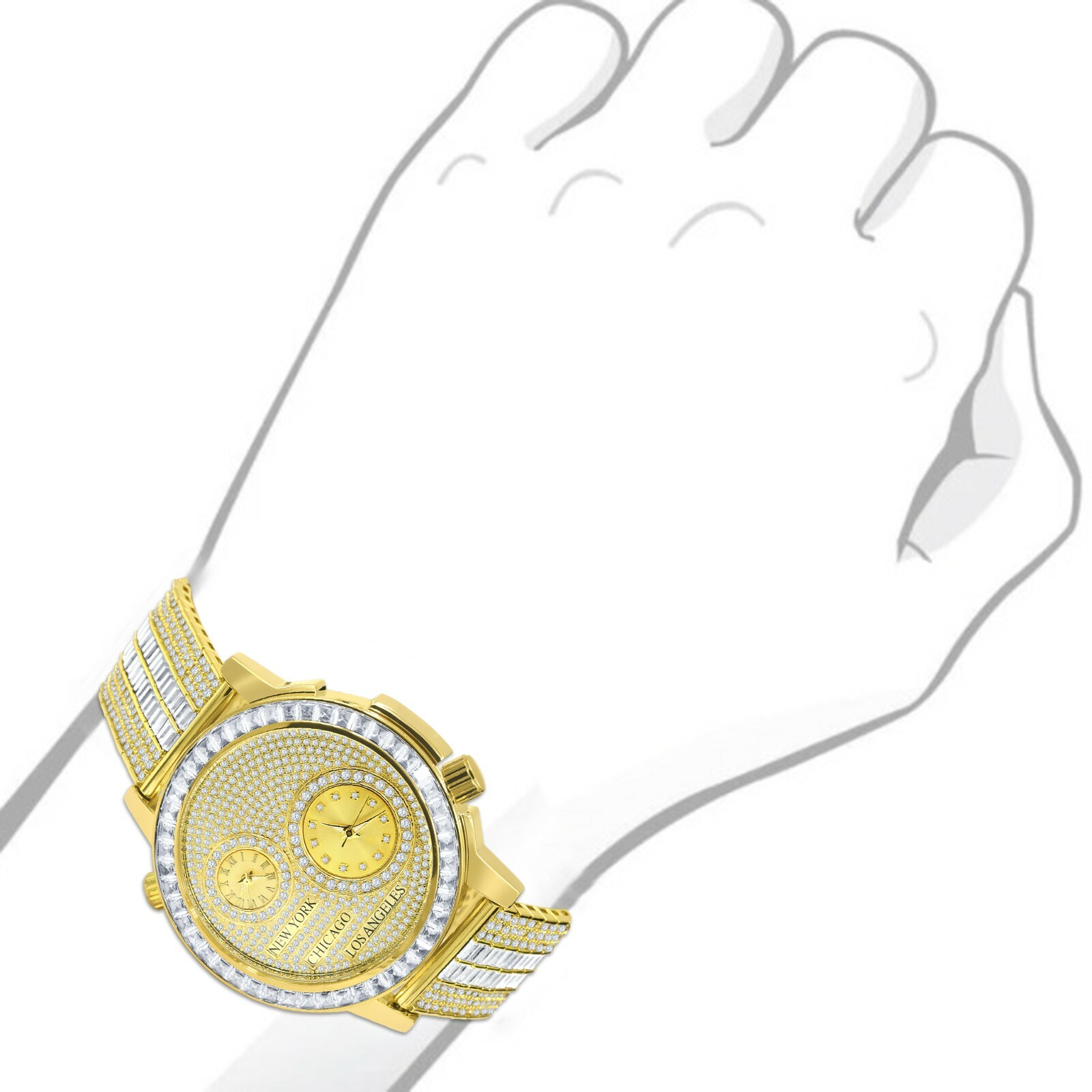 Pre-owned Ice Master Men's Genuine Diamond Gold Tone 2 Time Zone Chronograph Baguette Dial Band Watch