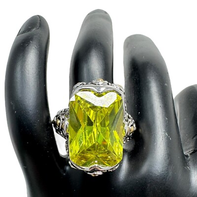 Vintage Silver Tone Light Green Large Glass Crystal Solitaire Cocktail Ring Sz 8