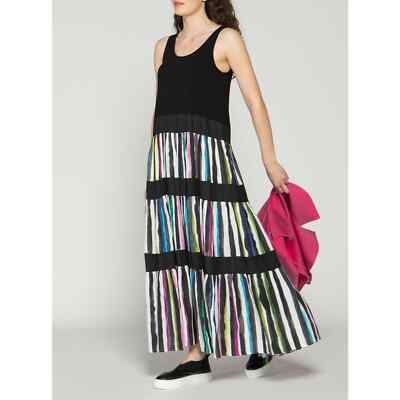 Pre-owned Luukaa Women's Maxi Dress Size 14 Black  Stripes Tank Sleeveless Scoop Neck