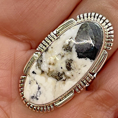 Navajo White Buffalo Turquoise Ring Size 8.5 Signed NJ 10.5g Native Handmade