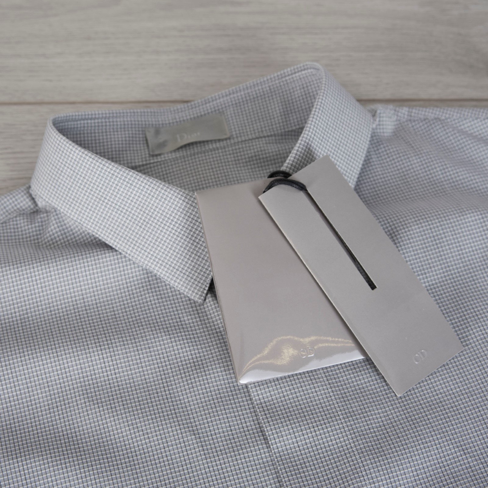 Pre-owned Dior 750$ Dress Shirt In Gray Micro Check Cotton Palladium-finished Snap Buttons