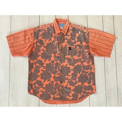 Vintage Bugle Boy Mens Large Orange Floral Striped S/S Button Down Shirt