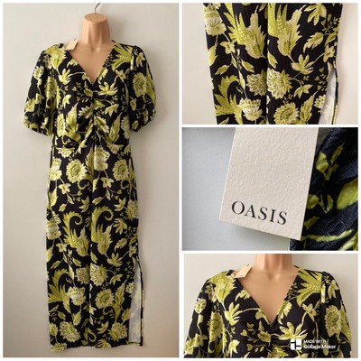 Oasis Floral Dress Women Green Mix Geo Scoop Neck Short Sleeved Midi Ladies Sz M