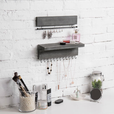 MyGift 2 Piece Set of Wall Mounted Ash Gray Wood Hanging Jewelry Organizer Racks