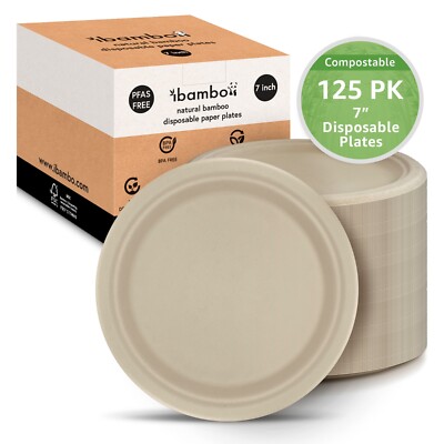 Ibambo 125 Pack 7 Inch Bamboo Disposable Paper Plates