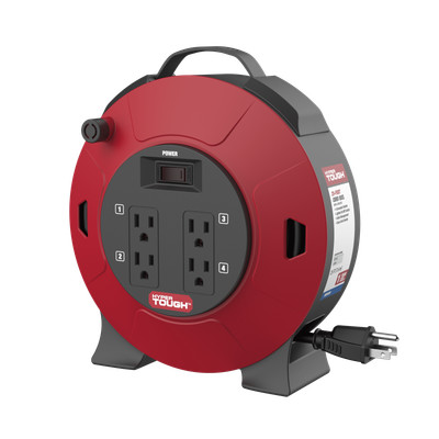 25 ft. Retractable Cord Reel with 4 Outlets, On/Off Switch, 16AWG SJT - Black