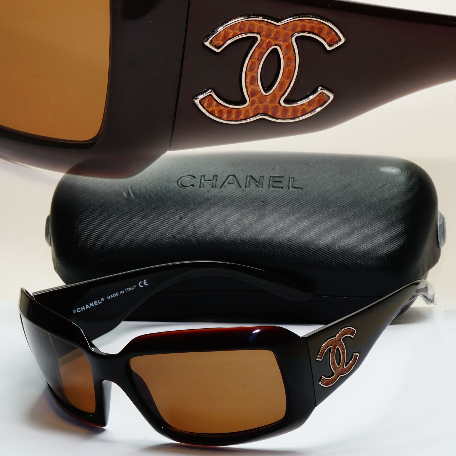 Chanel Sunglasses 2007 Vintage Brown Leather Large Logo 6022