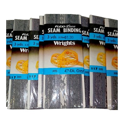 Vtg 1986 Wrights Seam Binding Flexi Lace Lot of 10 Sealed 3 yd. Packs Dk Grey 47