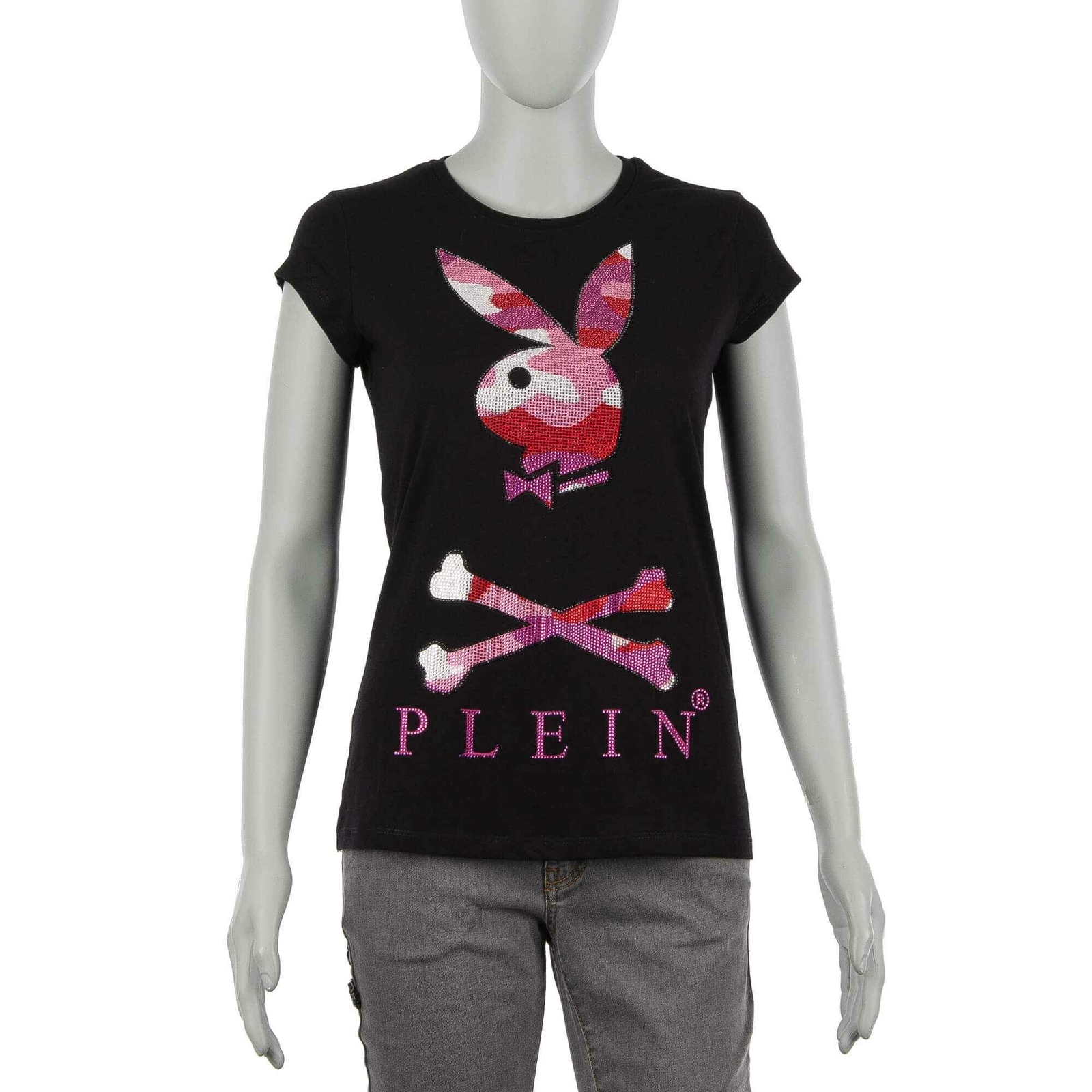 Philipp Plein X Playboy Bunny Skull Rhinestone Logo Черный Розовый 08491