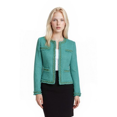 Boston Proper Blazer Women's Size 14 Teal Gold Tweed Chain Fringe Open Jacket