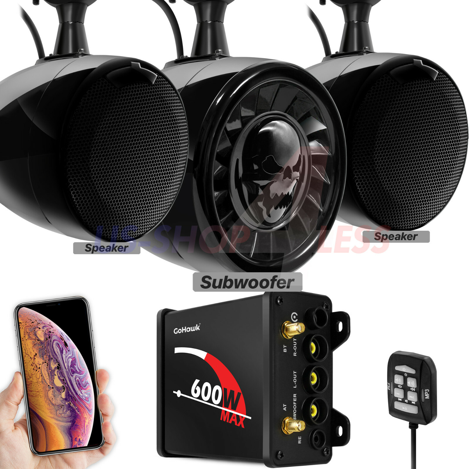 Bluetooth ATV UTV RZR Polaris Stereo 3 Speakers Audio 600W Amp FM Radio