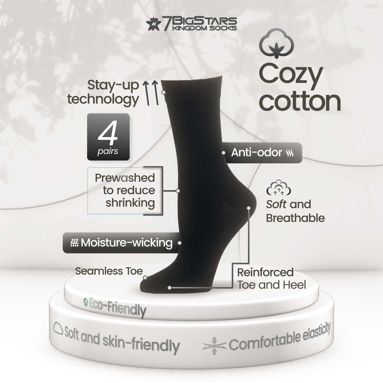 Women's Cotton 4 Pack Solid Crew Socks L-M Black-Navy-Brown-Beige-Khaki-Grey - Picture 3 of 24