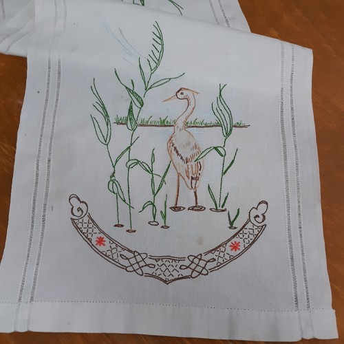 Vintage Table Runner Hand Embroidered 14 x 36 Inch Antique White Stork Design