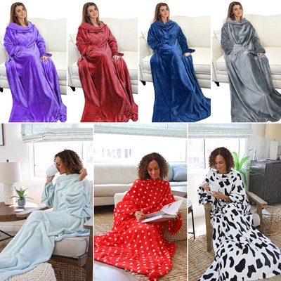 73'' x 51'' Fleece Wearable Blanket with Sleeves Pocket Microfiber Warm TV