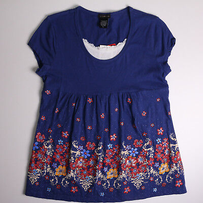 GIRLS FANG NAVY BLUE FLORAL TOP SHIRT LARGE NWT
