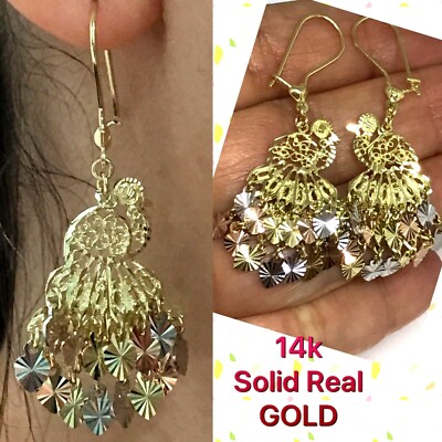 Pre-owned Handmade Gold Peacock Chandelier Earring 14k Solid Real Filigree Gypsy Long Dangle 2" In Multicolor