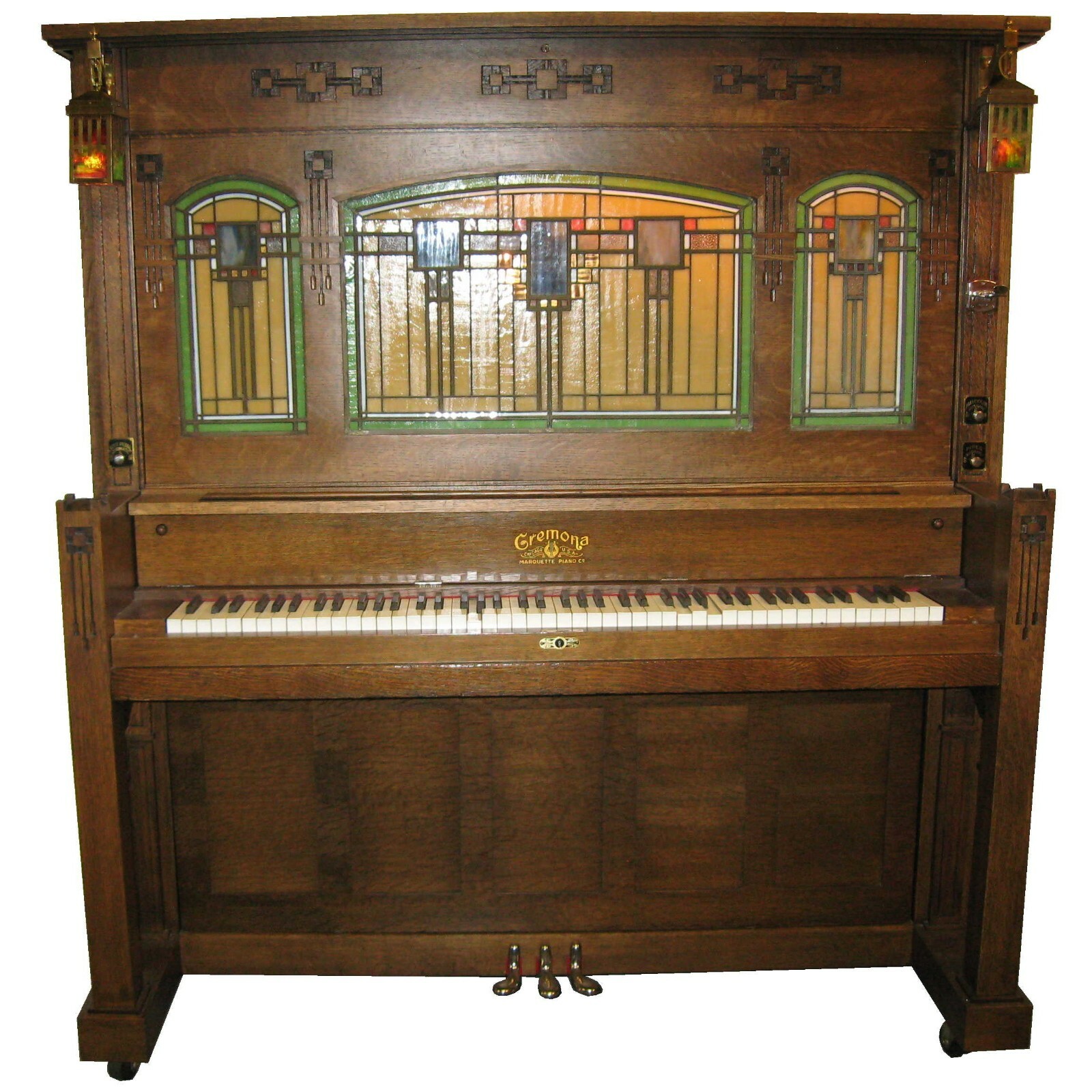 Prairie Style Craftsman nickelodeon coin op player piano with organ pipes