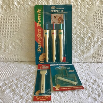 Vintage Purr-fect Punch Embroidery Needle Set Hand Spooler & Brush NEW 89/90