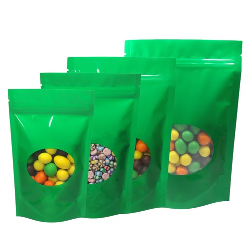 Many Size Green Stand Up Polyethylene Mylar Resealable Bags w/ Clear Window