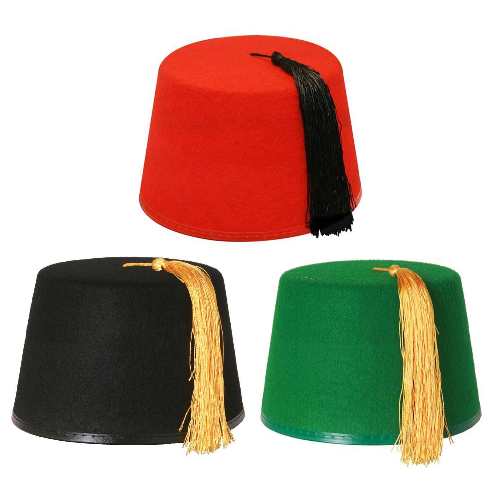 PACK OF ADULT FEZ HATS RED BLACK GREEN WITH TASSEL MOROCCAN FANCY DRESS  GROUP