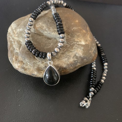Pre-owned Handmade Mens Black Onyx Pendant Navajo Pearls Sterling Silver Necklace 11906