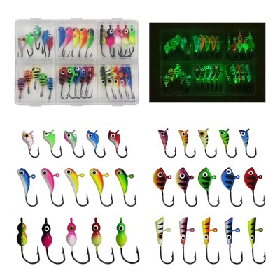 30PCS Ice Fishing Jigs Kit Luminous Winter Fishing Lures for Panfish