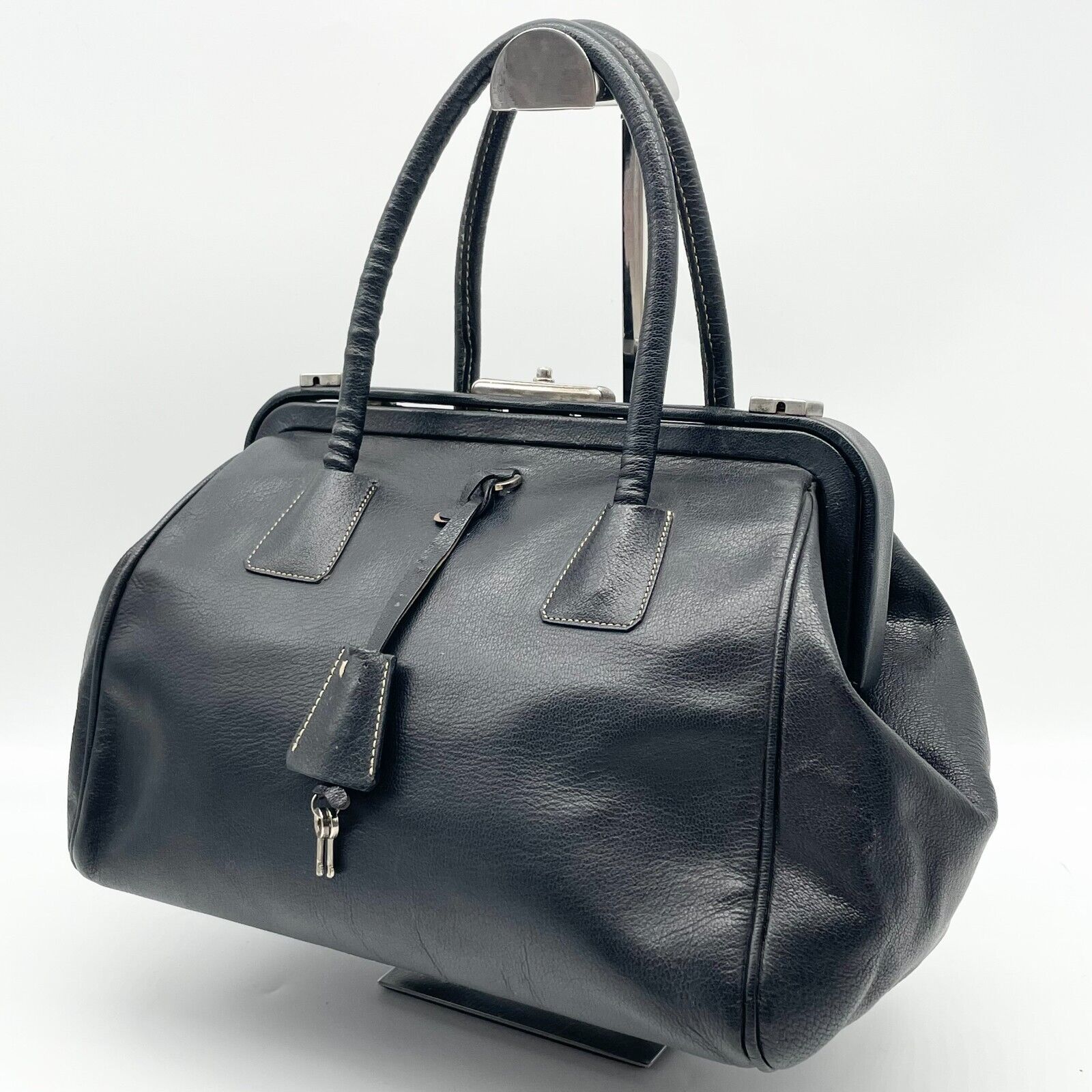 Prada Handbag Mini Boston Bag Purse With Key Black Leather Prada Handbag Mini Boston Bag Purse With Key Black Leather