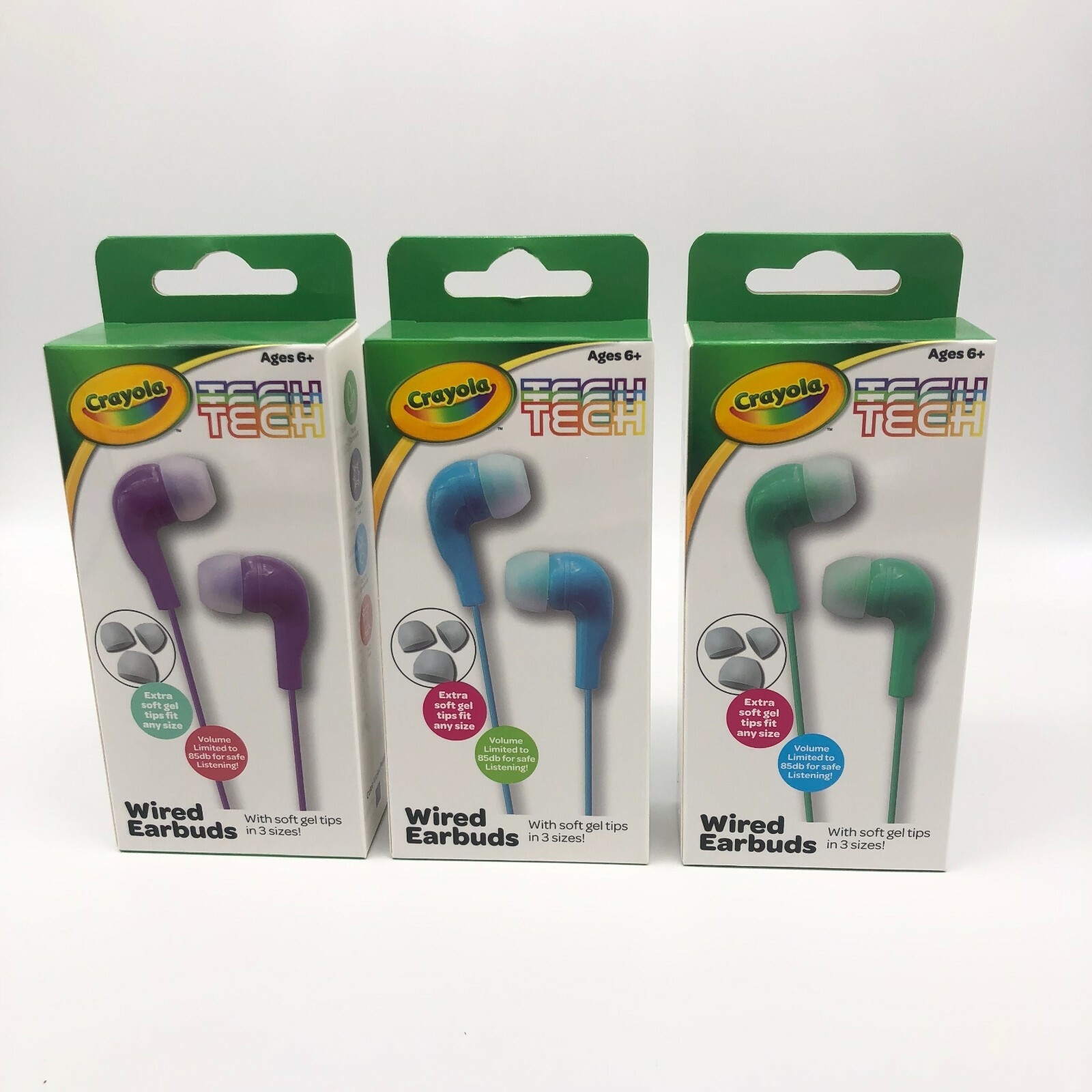 Crayola Tech Purple, Blue, Green Wired Earbuds with Soft Gel