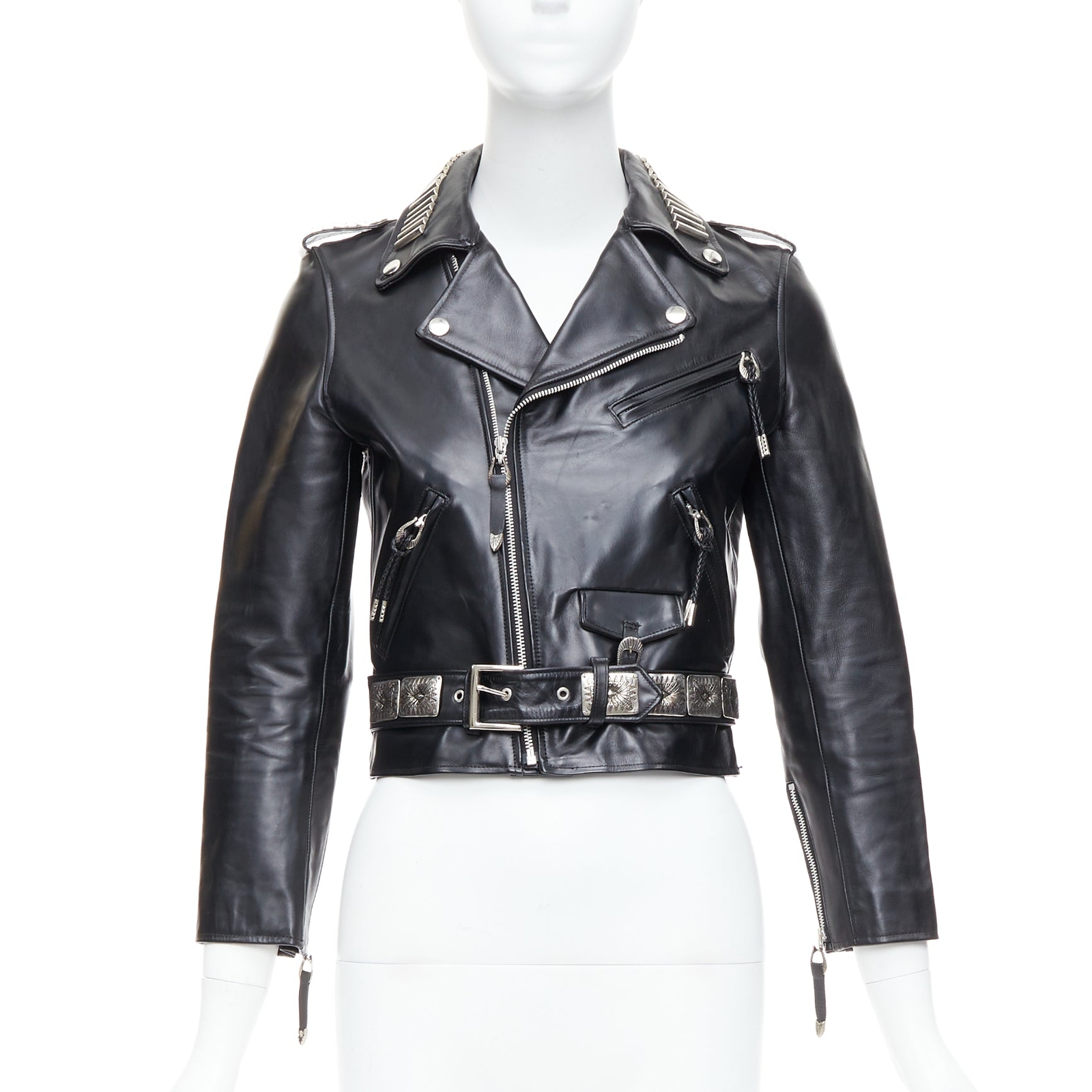 TOGA - toga pulla leather shirts gon TOGA PULLA black cowhide leather silver logo charm zip crop