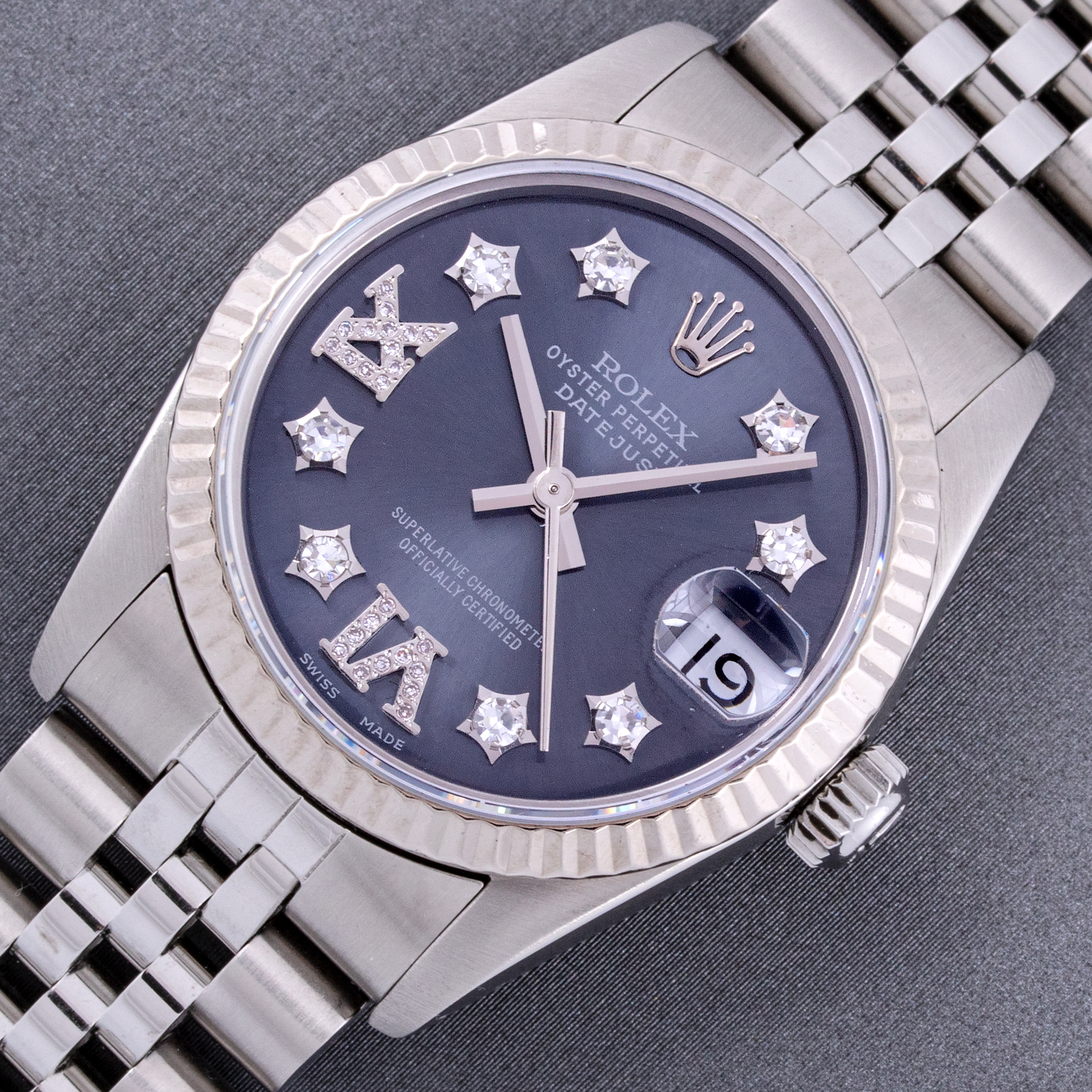 Rolex Midsize 31mm Steel and 18K White Gold Datejust Blue Diamond Roman Watch