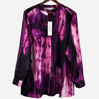 Calvin Klein Women's Plus Size 2X Print Roll Tab Sleeve Button Down Blouse NEW