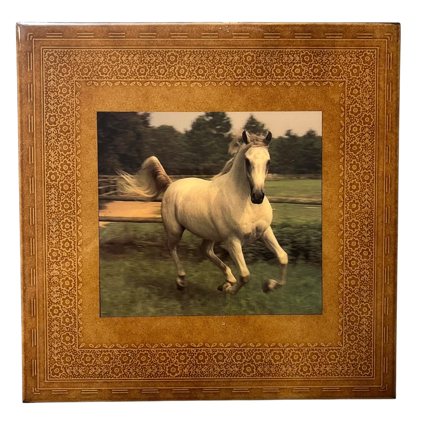 Vintage Longhurst Art Company Ceramic Tile White Horse Wall Hanging Decor 9.5 in