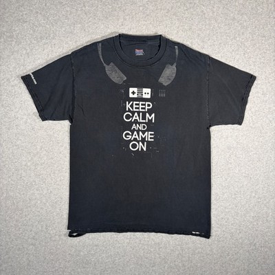 Y2K 2000s Keep Calm and Game On Graphic T-Shirt Men Large Black Monoprice Gaming