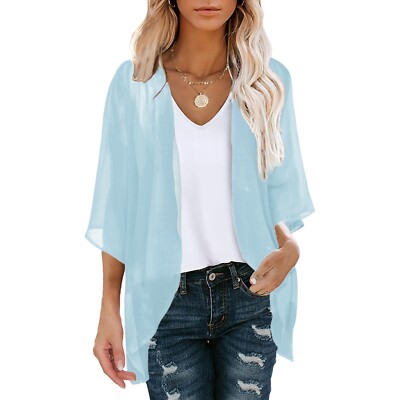Womens Solid Elegant Puff Sleeve Chiffon Cardigan Loose Cover Up Casual Blouse
