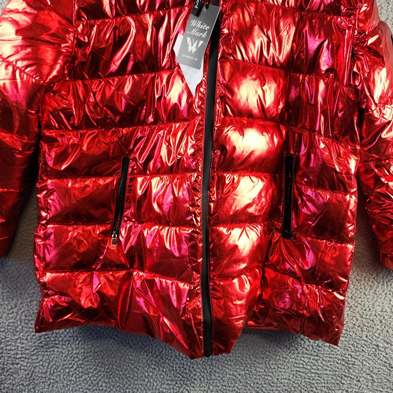 White Mark Plus Size Metallic Puffer Coat with Hoodie Women's 2XL Red Full Zip~ - Picture 3 of 14