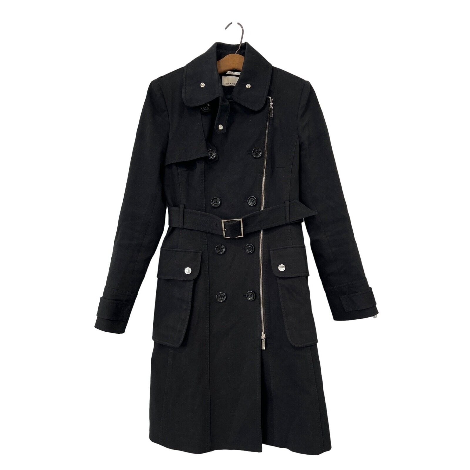 Karen Millen Double Breasted Trench Coat Womens 8 Black Karen Millen Double Breasted Trench Coat Womens 8 Black