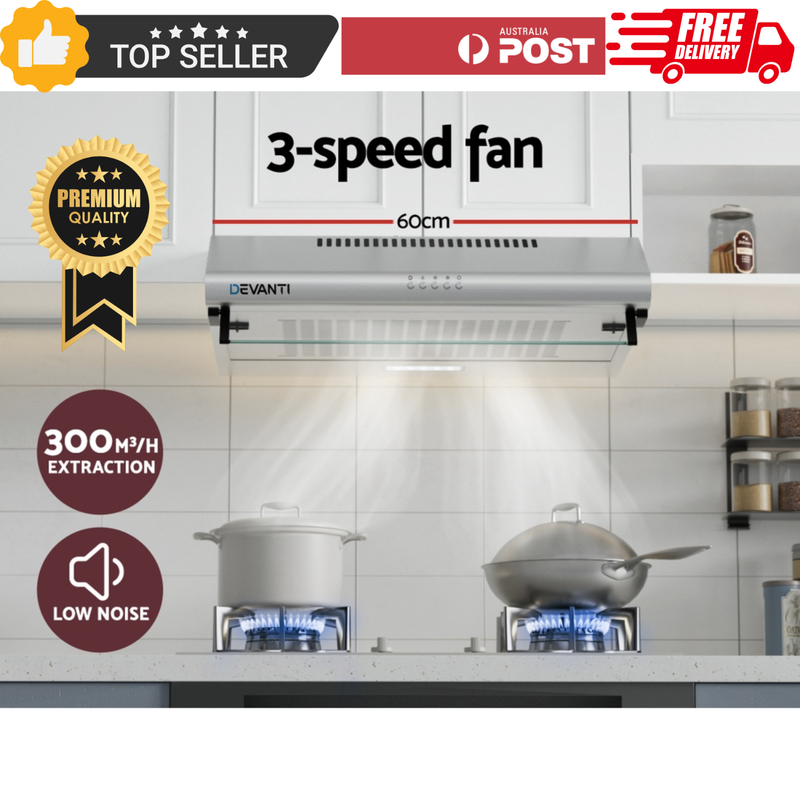 Devanti 600Mm Rangehood Kitchen Canopy Stainless Steel LED Light