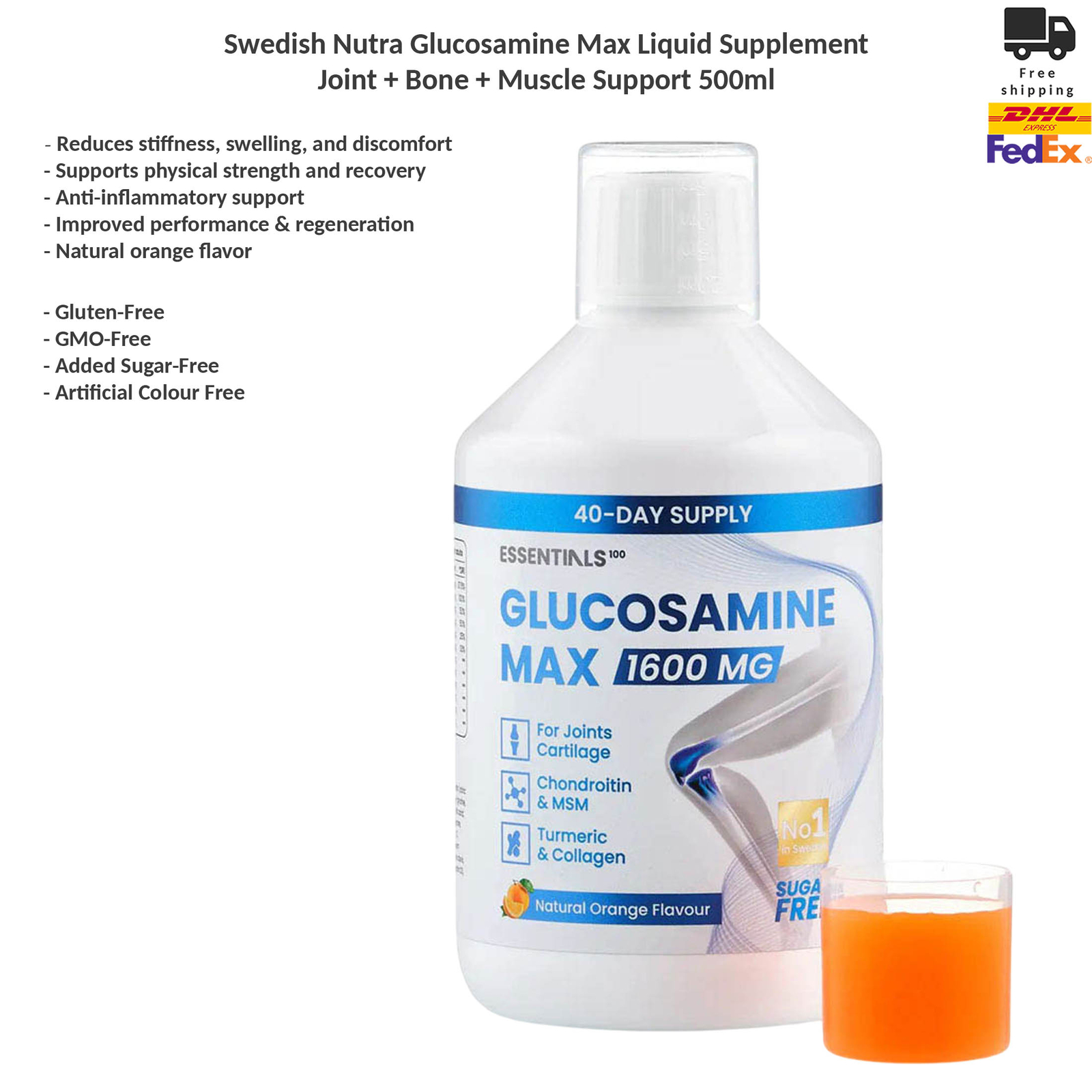 Swedish Nutra Glucosamine Max 1600mg Liquid for Joint & Cartilage Support 500ml