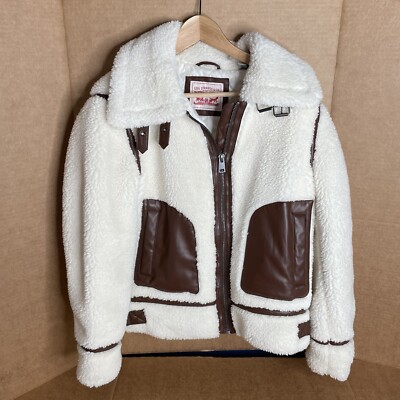 Levi s Sherpa Full Zip Jacket, Womens Medium, White With Brown Accents, Faux Fur