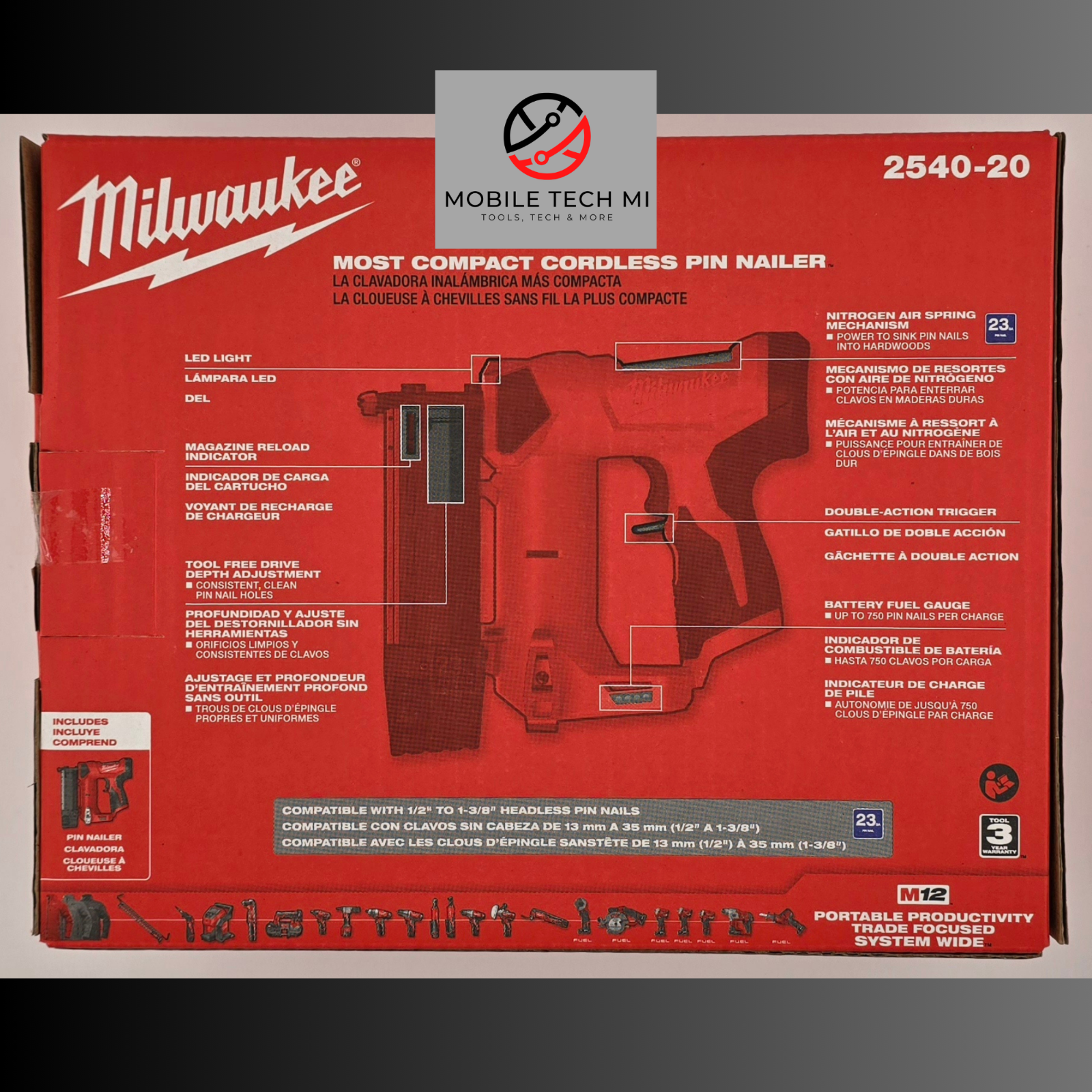 Milwaukee M12 2540-20 23 Gauge Compact Cordless Pin Nailer 12V -Tool Only SEALED
