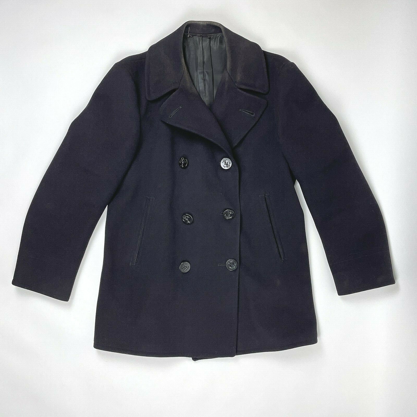 美品40s US NAVY 10 BUTTON P-COAT Vintage 1960's U.S. Navy Military Size 40R Black Heavy Wool