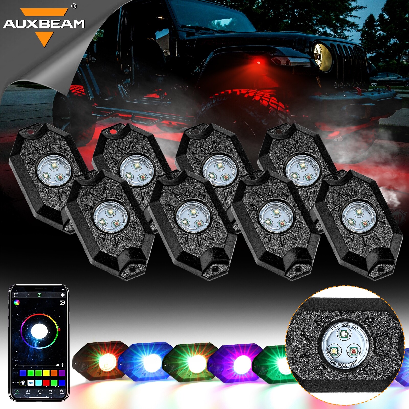 AUXBEAM 8 Pods RGB LED Rock Lights Underglow Lamp for Jeep