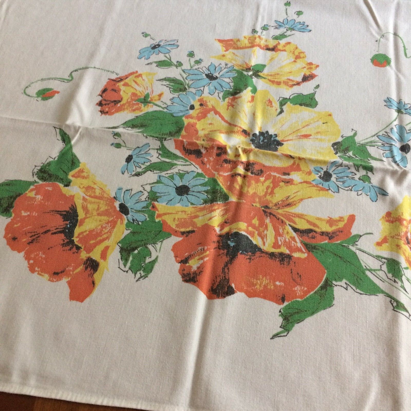 Vtg tablecloth white orange yellow poppy blue daisy floral 52x44