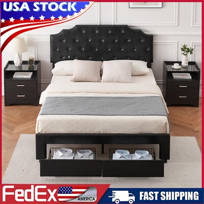 PU Leather Full Queen Size Bed Frame with 2 Storage Drawer Upholstered Headboard