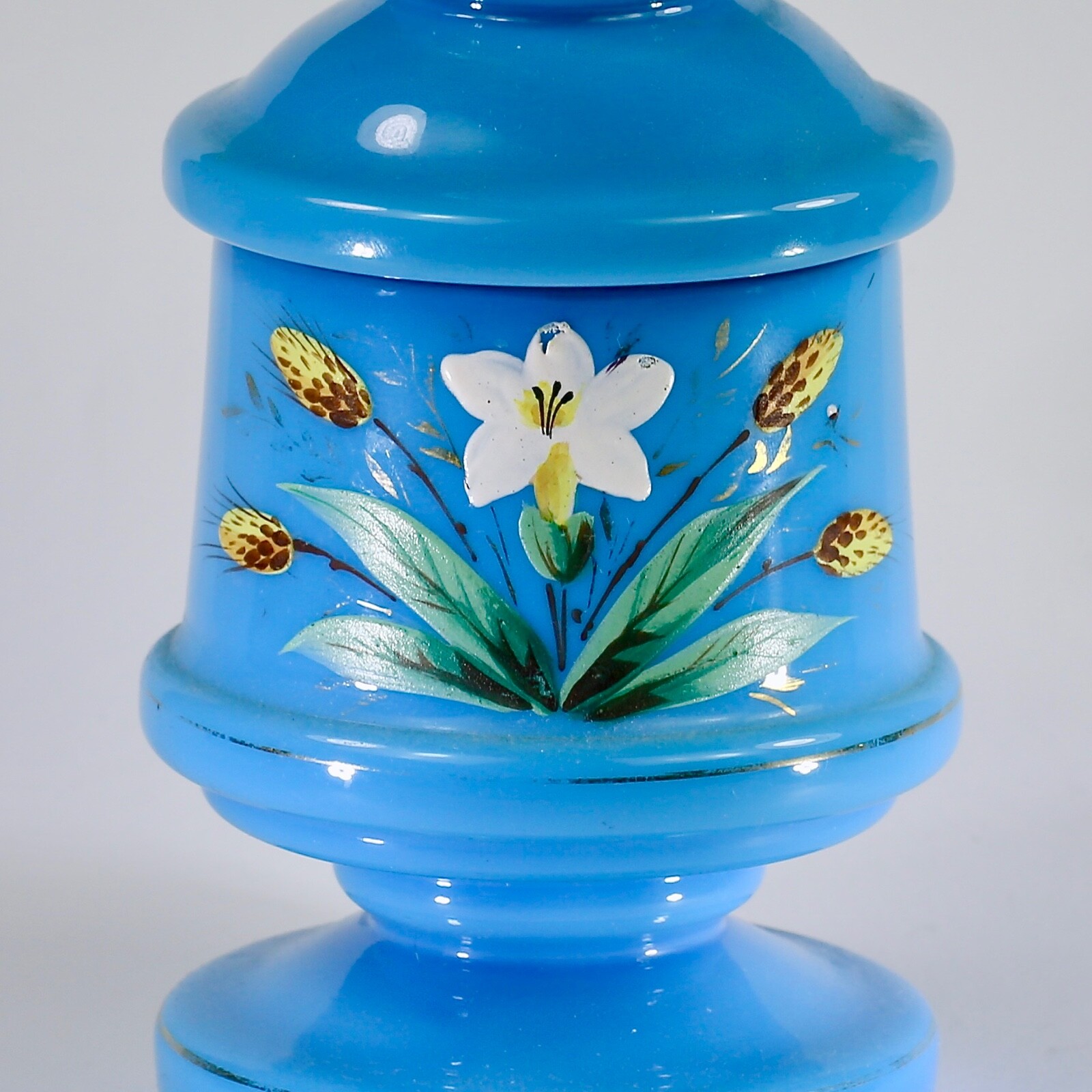 Antique blue opaline hand blown glass vanity Box or lidded Jar enamel flower