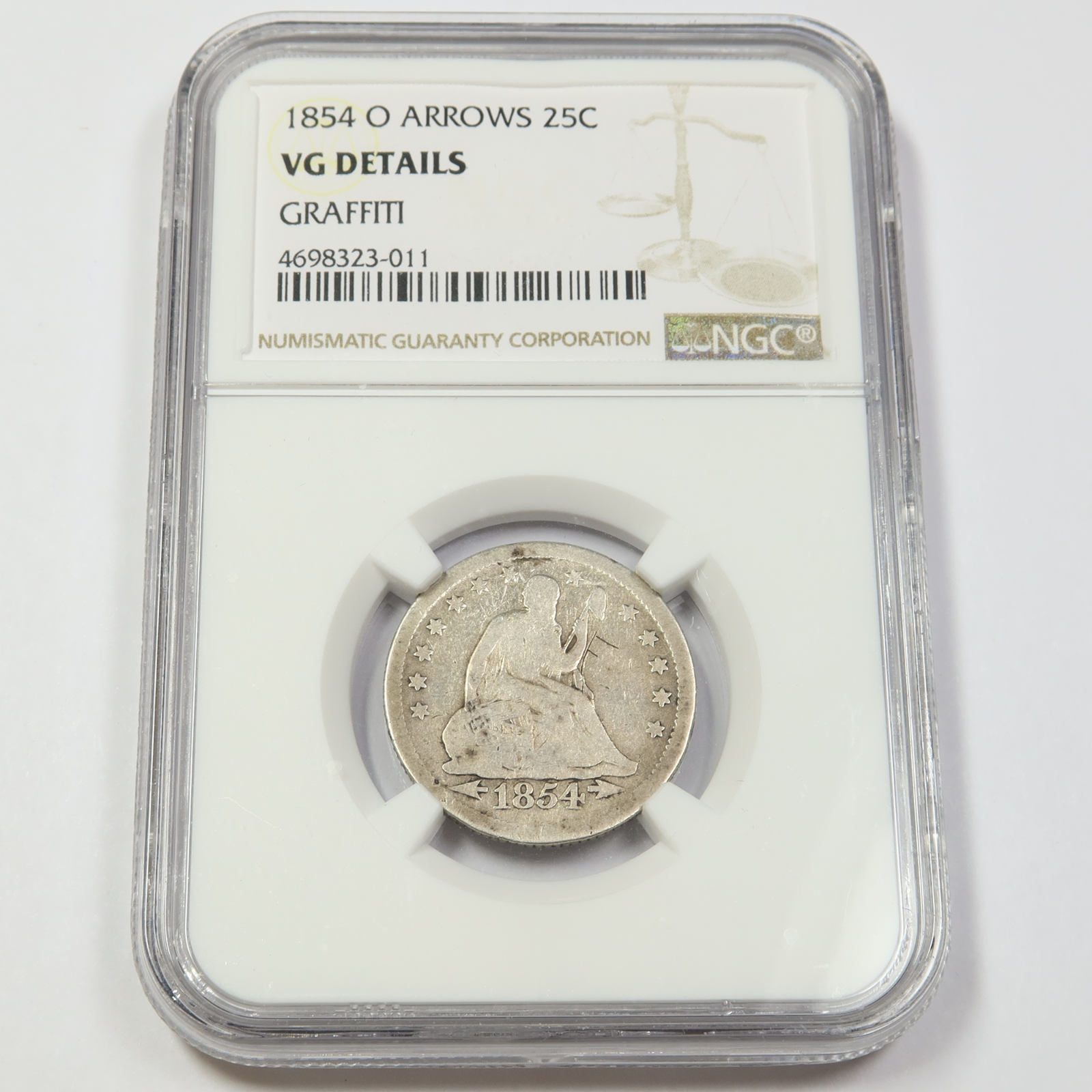 H♡ 1854 O NGC VG Detail - Seated Liberty Quarter ARROWS - 25c