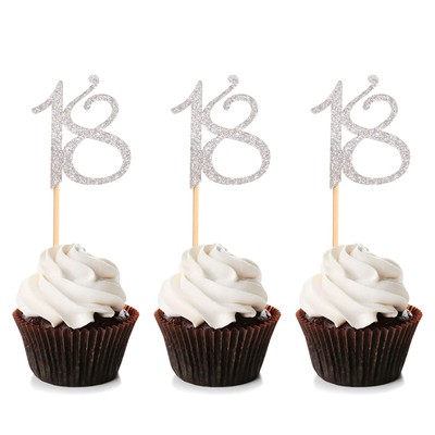 Unimall 24 Pièces Paillettes D'argent Numéro 18 Cupcake Toppers 18 Anniversai...